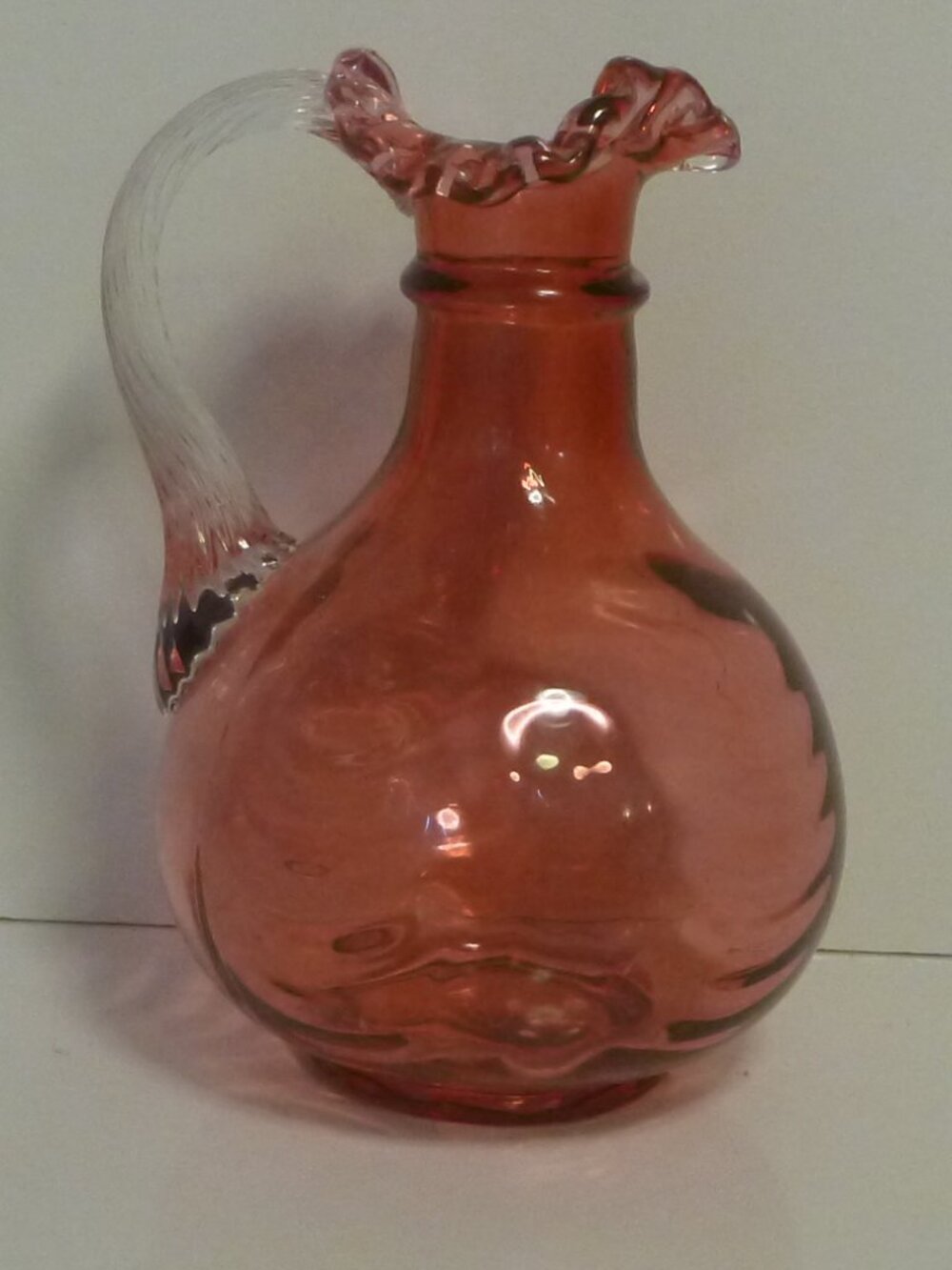 Vintage 1970s Fenton Cranberry Swirl Glass Mini Pitcher Cruet Ruffled Rim